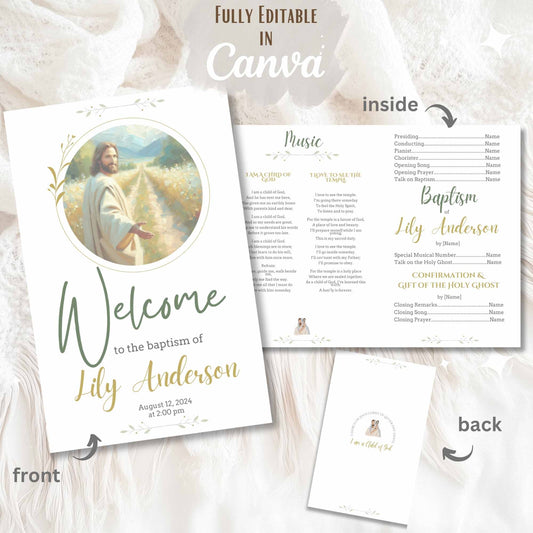 Editable LDS baptism program – foldable Canva layout with music and confirmation