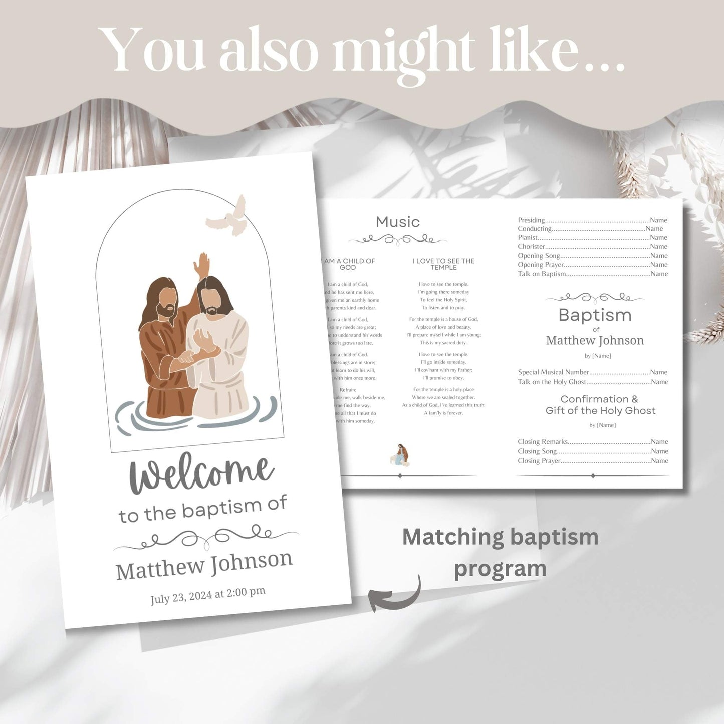 Matching LDS baptism program – editable Canva template with Jesus artwork