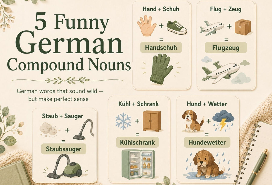 Illustrated blog cover for funny German compound nouns, featuring playful vocabulary examples and a cheerful beginner-friendly German learning design.