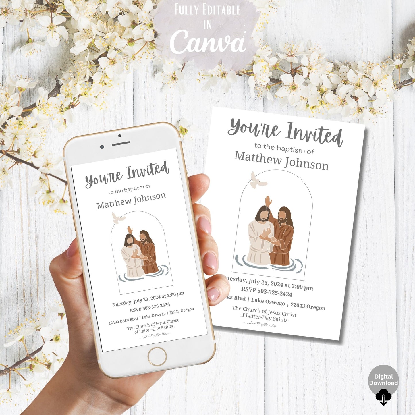 LDS Baptism Invitation – Editable Canva Evite or Printable (Digital Download)