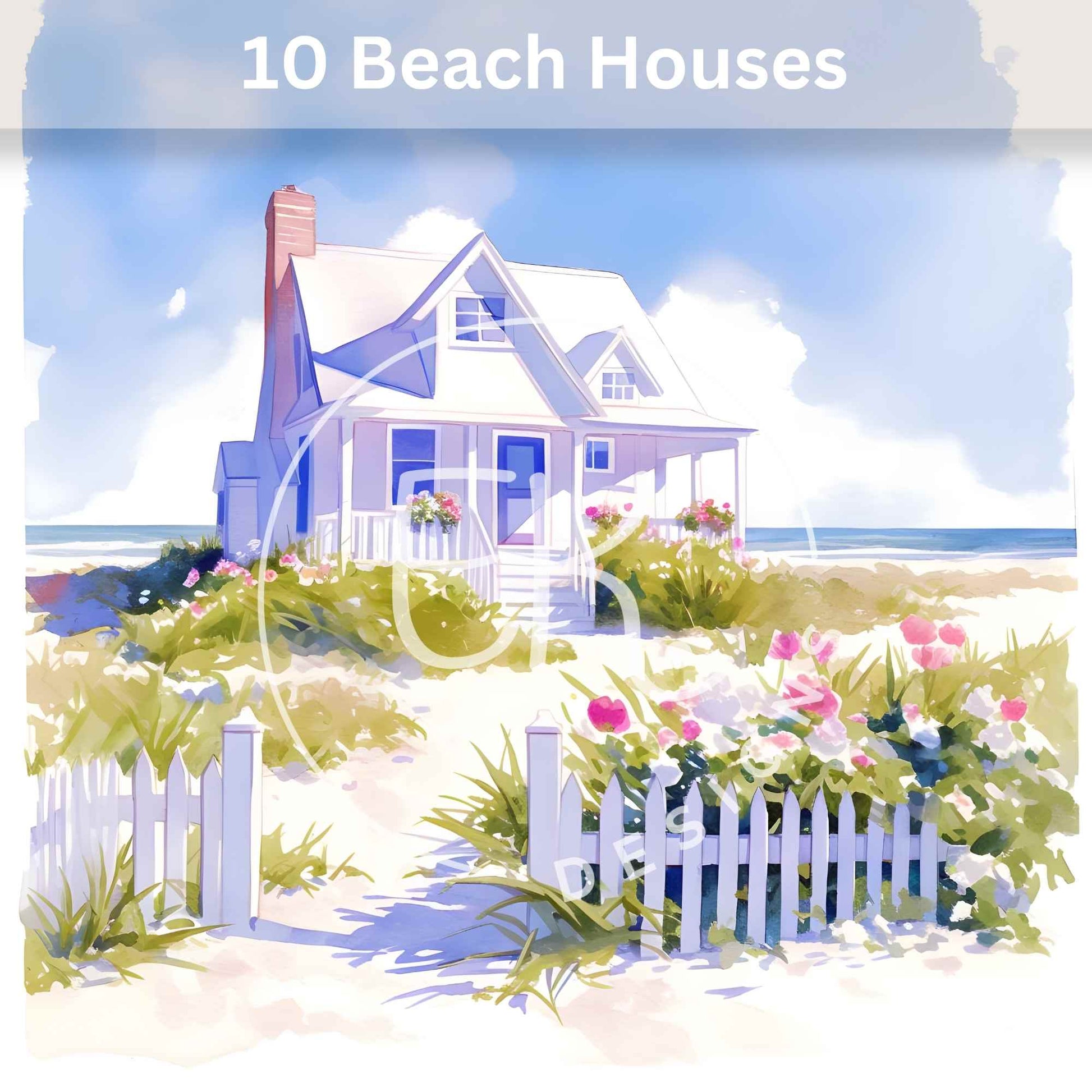 10 Printable Beach House Watercolor Images – Coastal Cottage Clipart & Junk Journal Ephemera – Faith - Based Printable by Digital Kim Designs