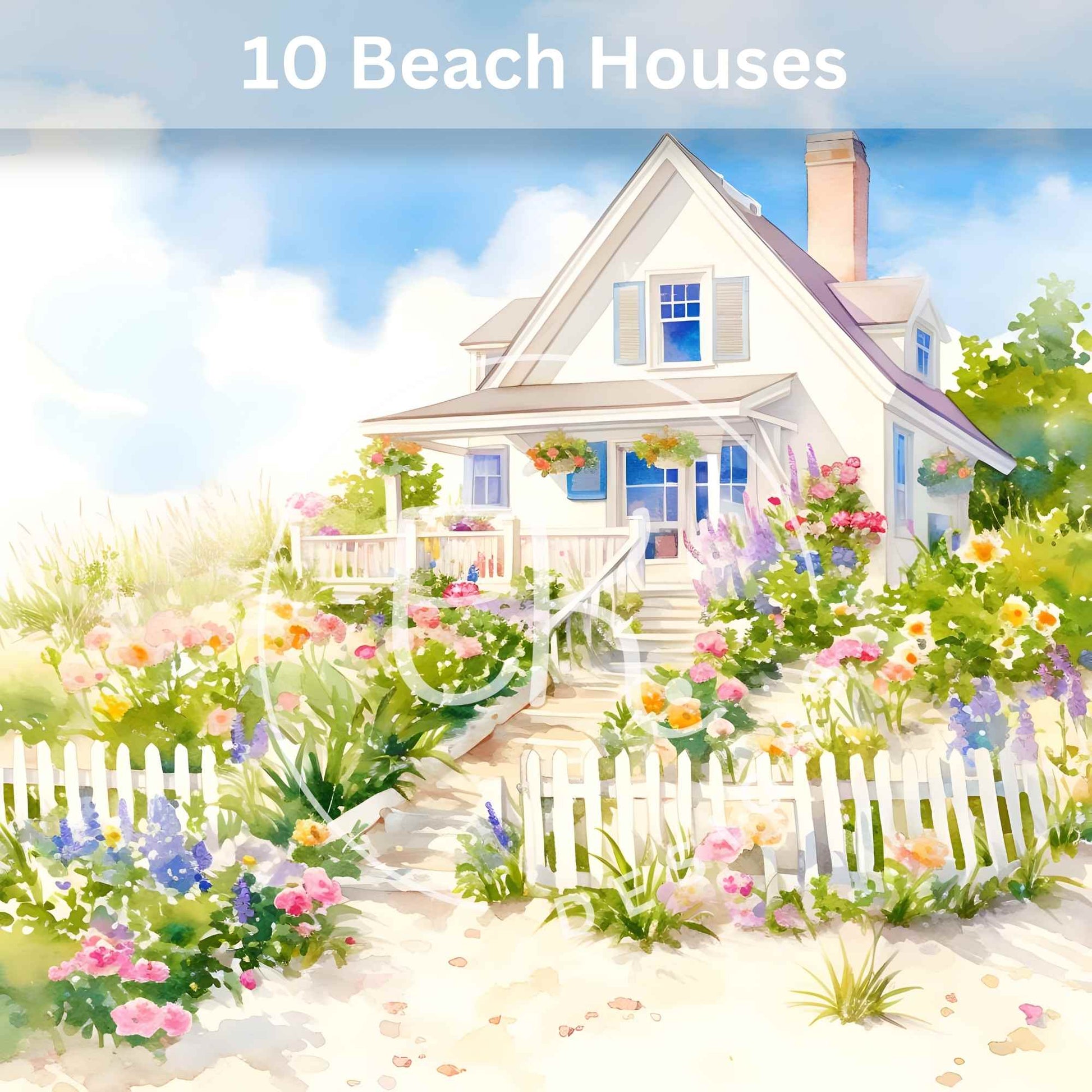 10 Printable Beach House Watercolor Images – Coastal Cottage Clipart & Junk Journal Ephemera – Faith - Based Printable by Digital Kim Designs