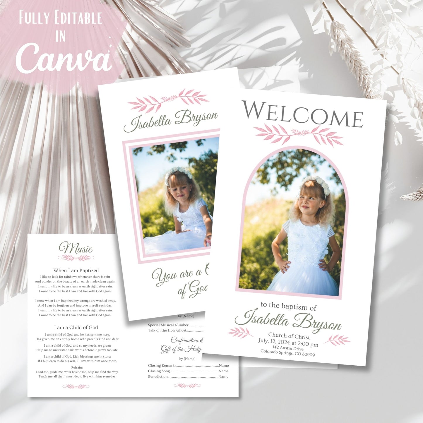 Editable LDS Baptism Program Template for Girls | Pink Floral Canva Template