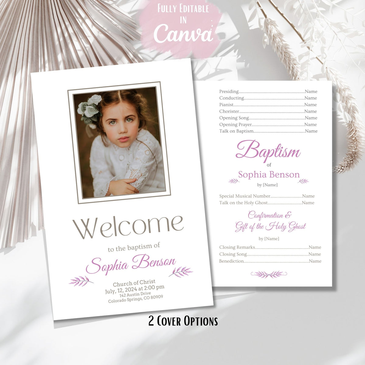 Editable LDS Baptism Program Template for Girls | Purple Floral Canva Template