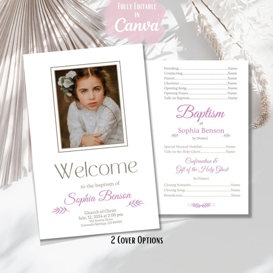 Editable LDS Baptism Program Template for Girls | Purple Floral Canva Template