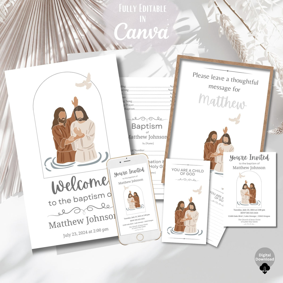 LDS Baptism Program Kit | Invitation, Program, Sign & Guest Note Cards