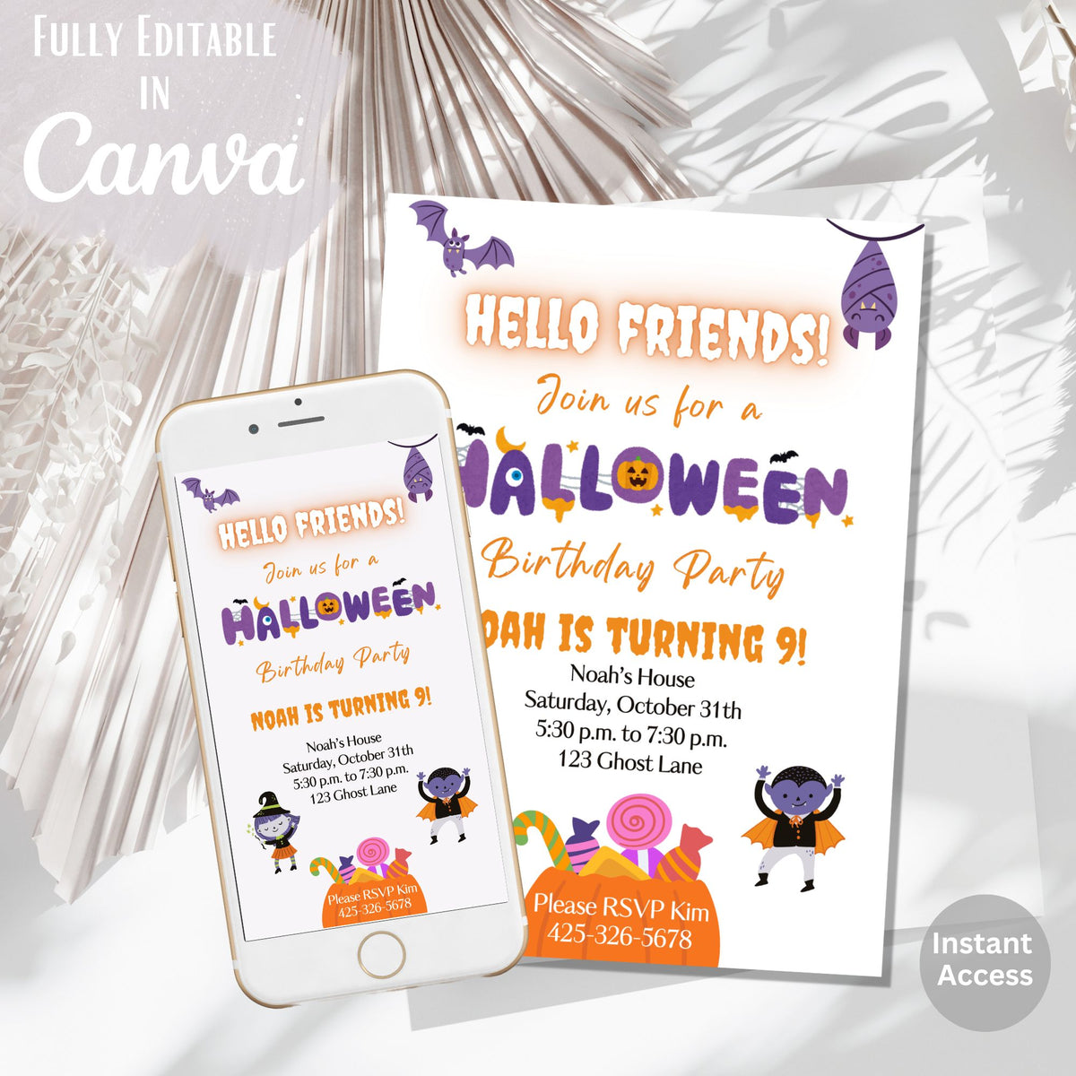 Editable Halloween Invitation – Kids Birthday & Costume Party Canva Template