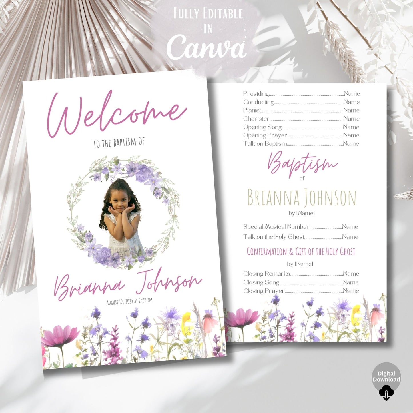 Wildflower LDS Girl Baptism Program | Editable Canva Template