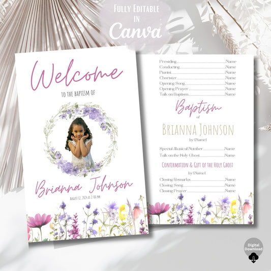Wildflower LDS Girl Baptism Program | Editable Canva Template