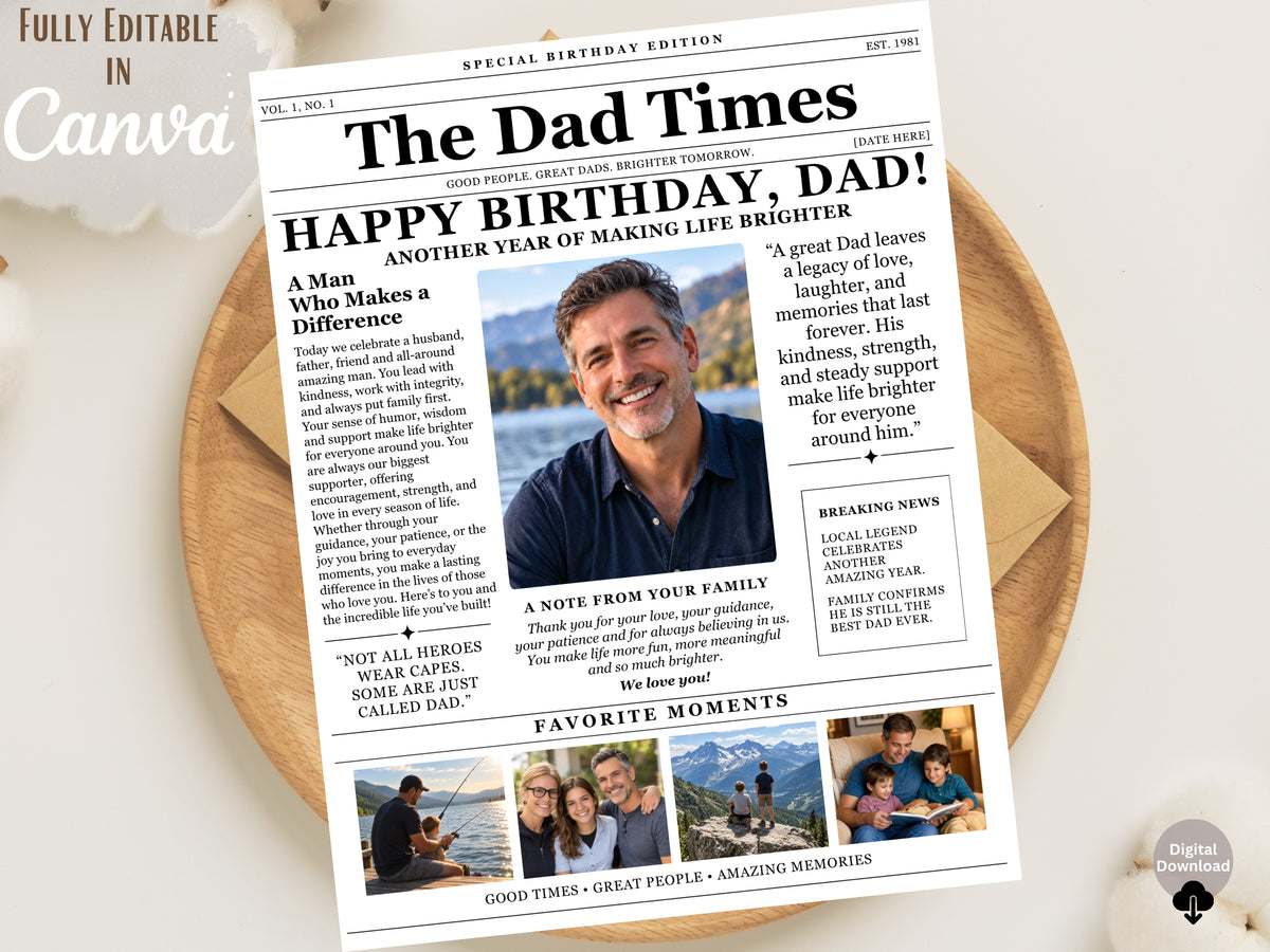 Birthday Newspaper Template for Dad | Editable Canva Gift