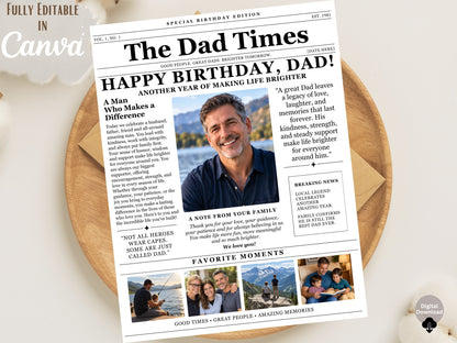 Birthday Newspaper Template for Dad | Editable Canva Gift