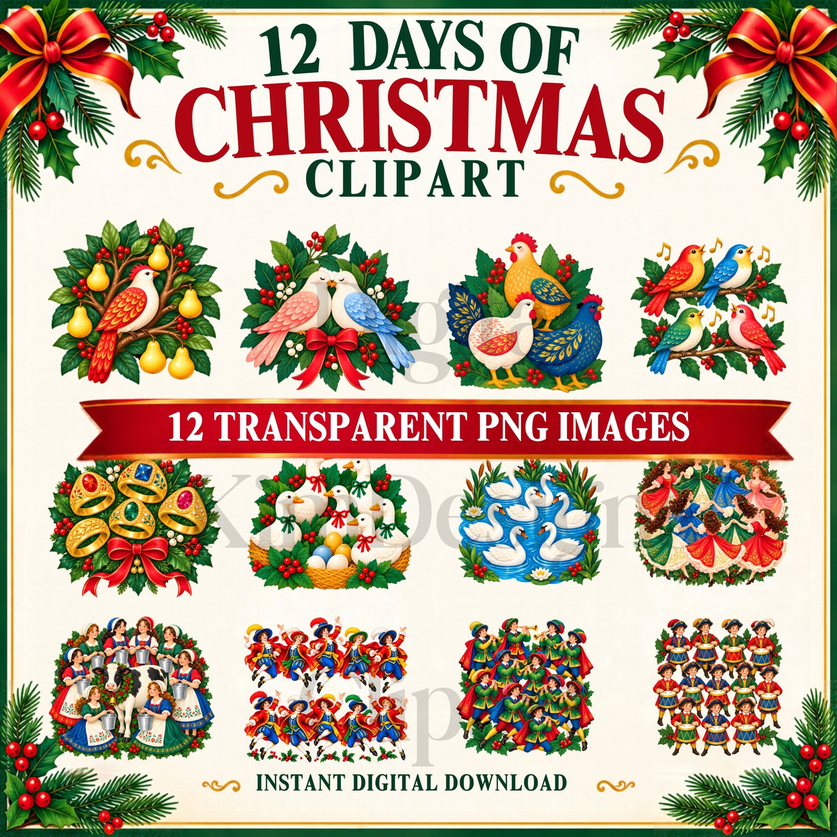 12 Days of Christmas Clipart – 12 Whimsical Transparent PNG Illustrations