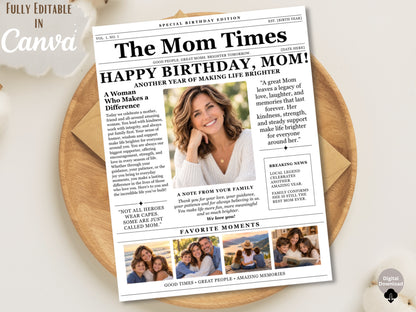 Birthday Newspaper Template for Mom | Editable Canva Gift