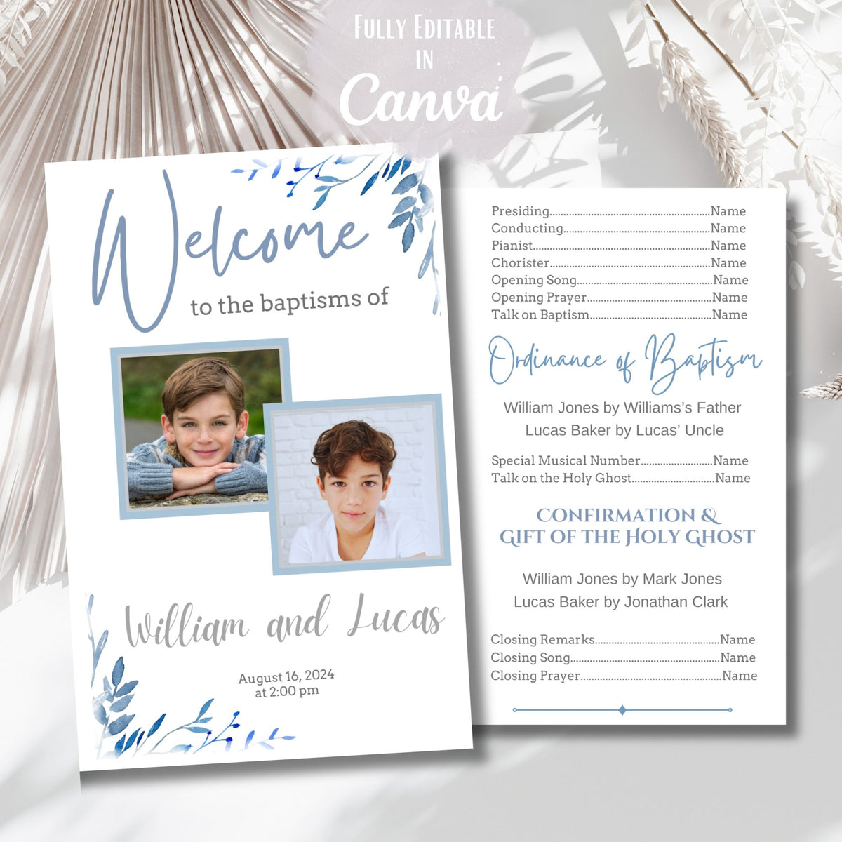 LDS Baptism Program Template for 2 Boys | Editable Canva Joint Baptism Program