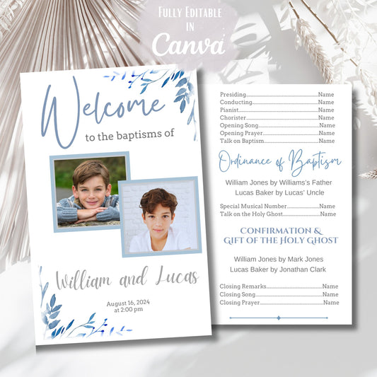LDS Baptism Program Template for 2 Boys | Editable Canva Joint Baptism Program