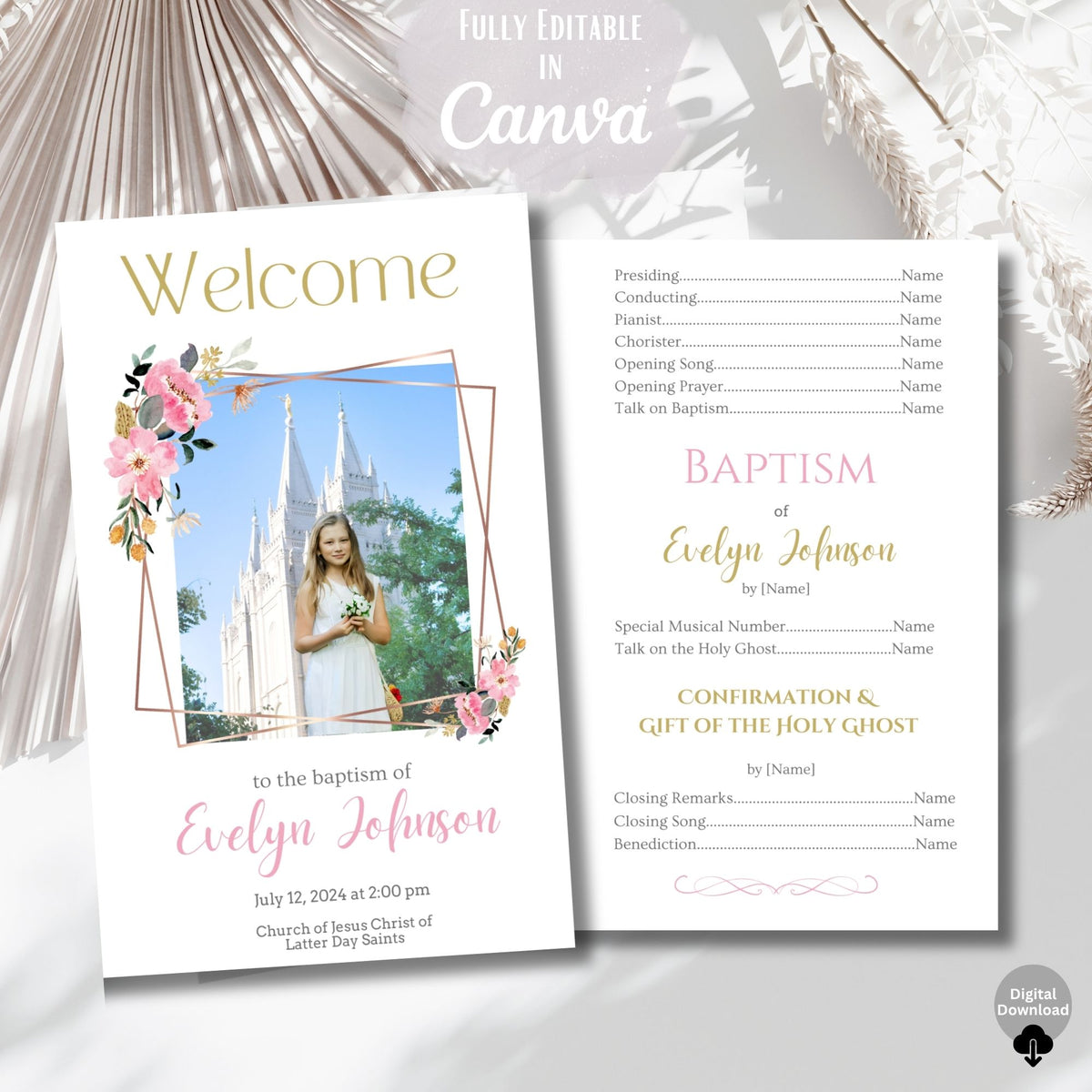 LDS Girl Baptism Program with Photo | Pink Gold Editable Canva Template