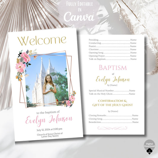 LDS Girl Baptism Program with Photo | Pink Gold Editable Canva Template