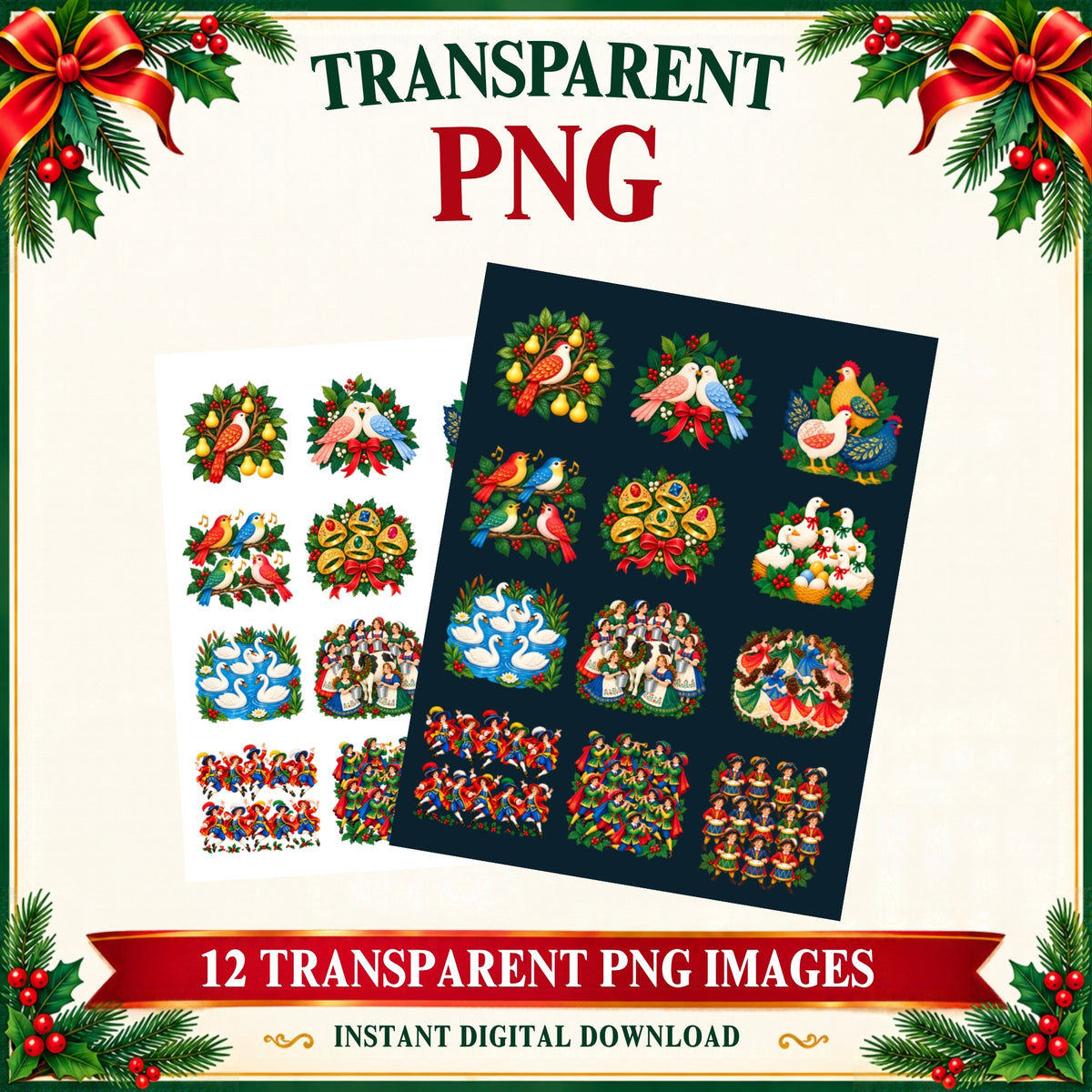12 Days of Christmas Clipart – 12 Whimsical Transparent PNG Illustrations