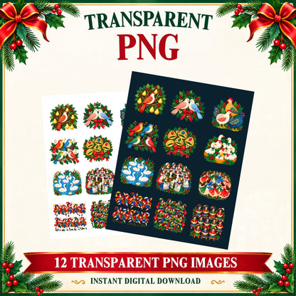 12 Days of Christmas Clipart – 12 Whimsical Transparent PNG Illustrations