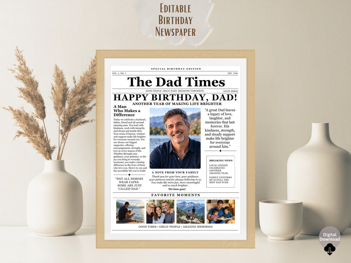 Birthday Newspaper Template for Dad | Editable Canva Gift