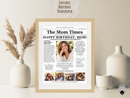 Birthday Newspaper Template for Mom | Editable Canva Gift