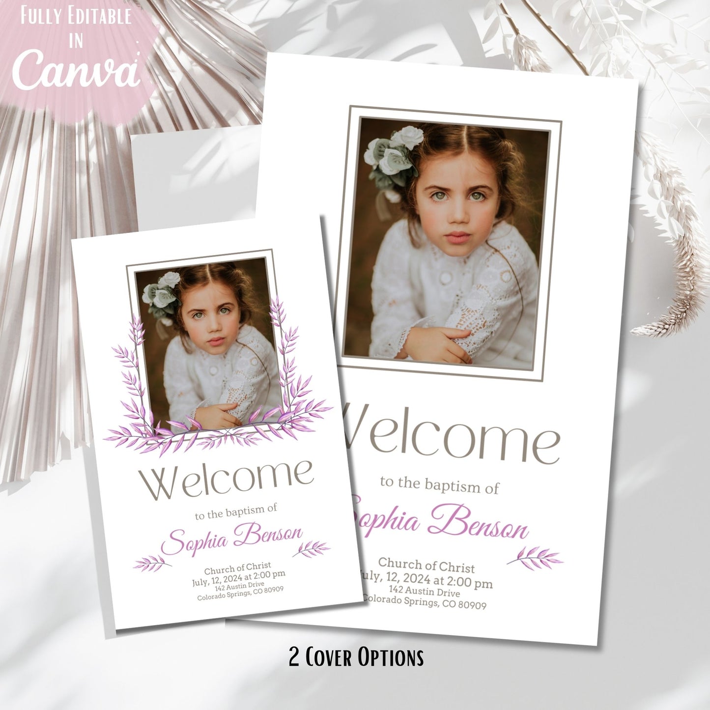 Editable LDS Baptism Program Template for Girls | Purple Floral Canva Template