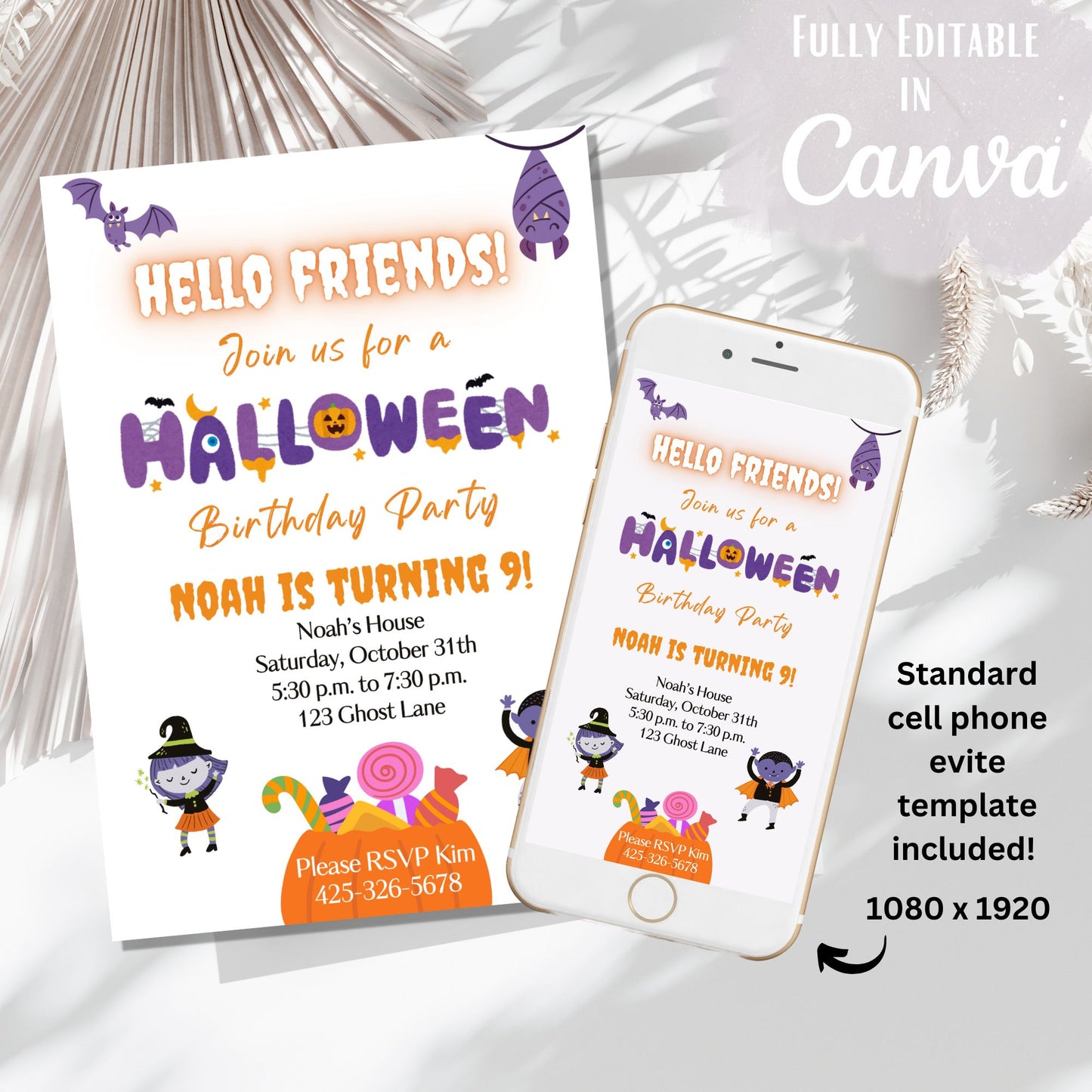 Editable Halloween Invitation – Kids Birthday & Costume Party Canva Template