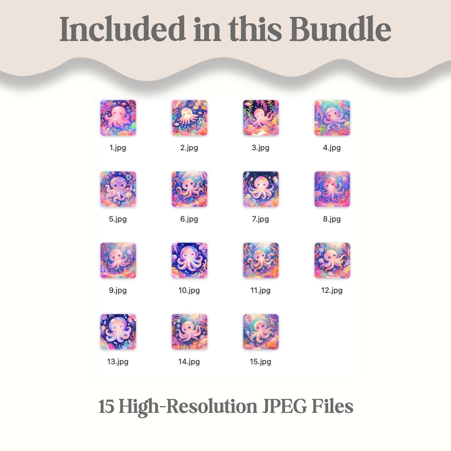 Cute Octopus Watercolor Art Set | 15 Kawaii Ocean JPEG Images