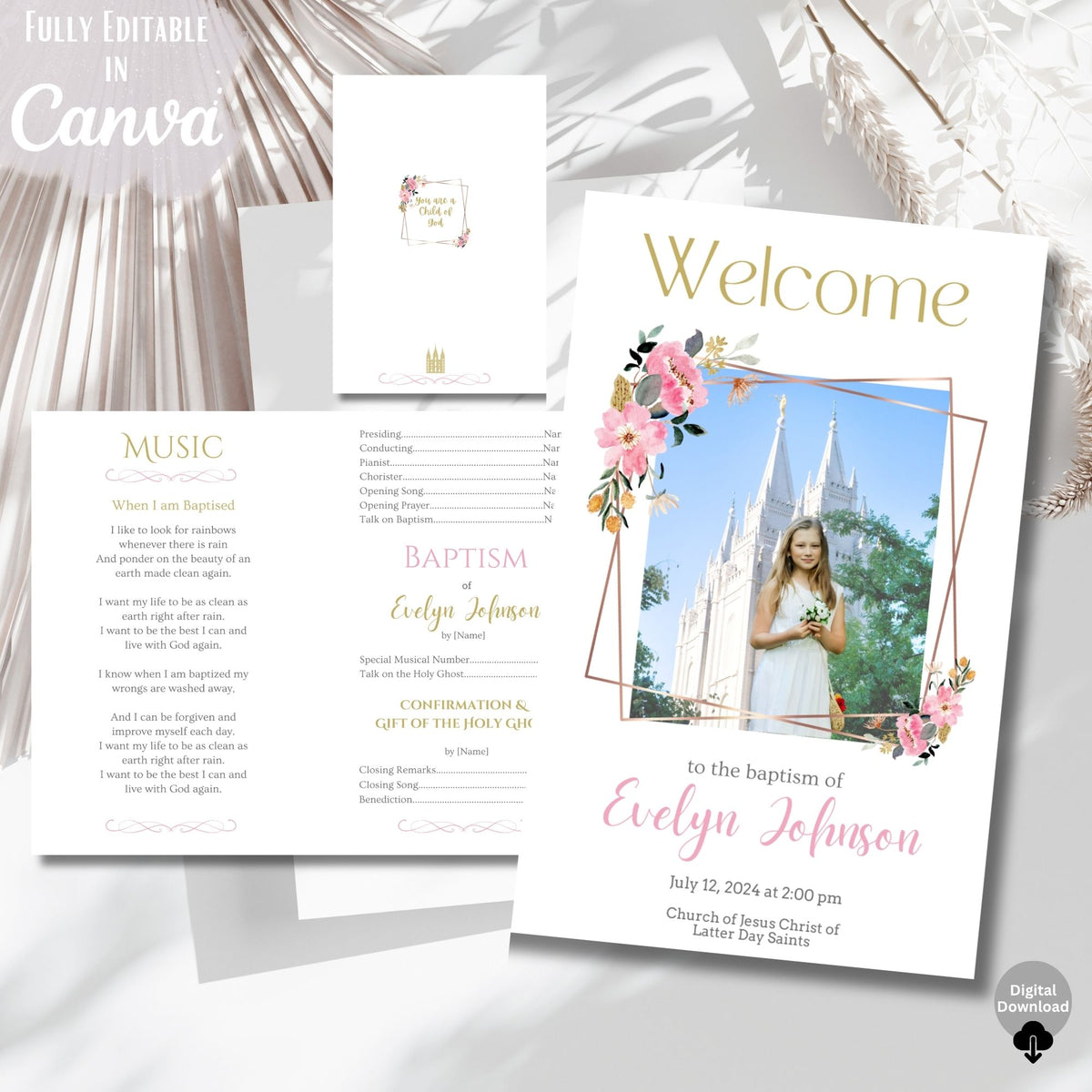 LDS Girl Baptism Program with Photo | Pink Gold Editable Canva Template