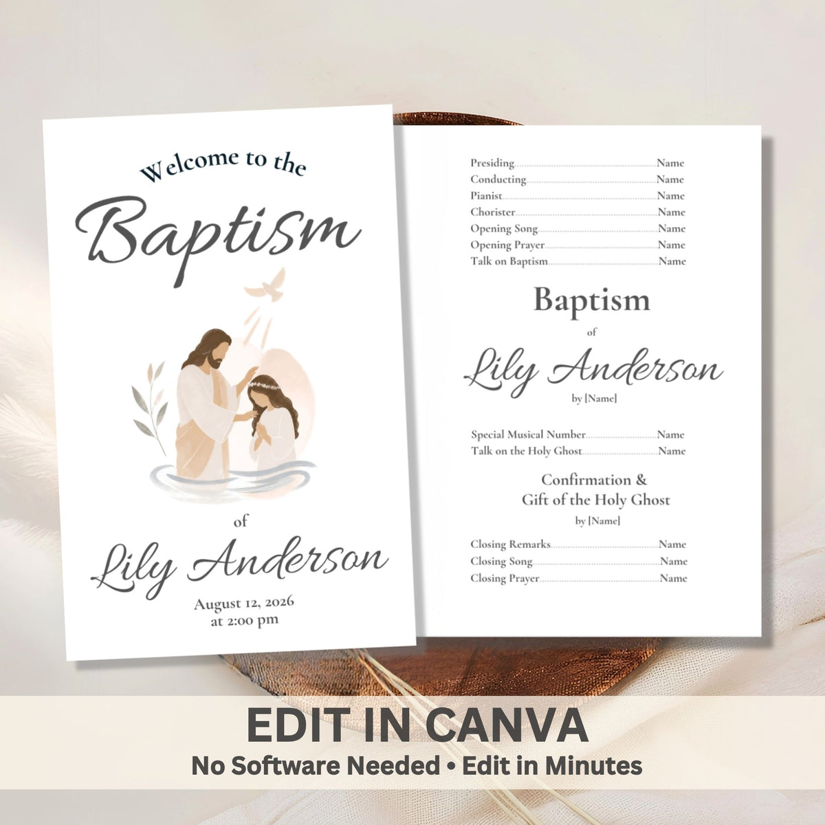Editable LDS Baptism Program Template for Girls | Canva Printable