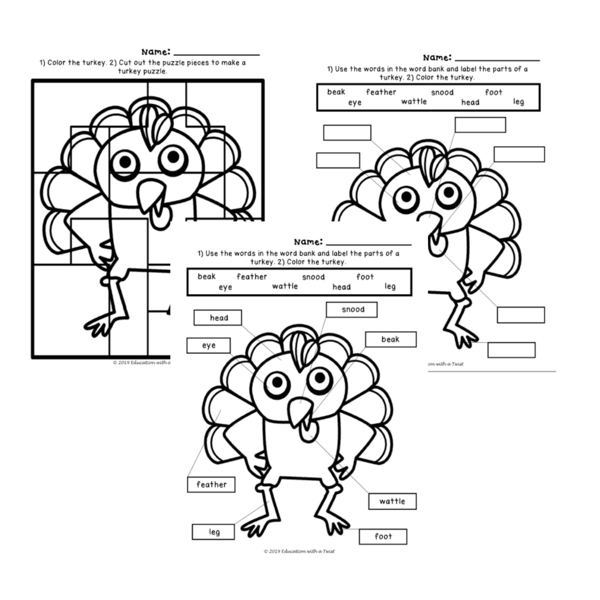 Thanksgiving Turkey Coloring & Parts of a Turkey Worksheet | Grades K–3