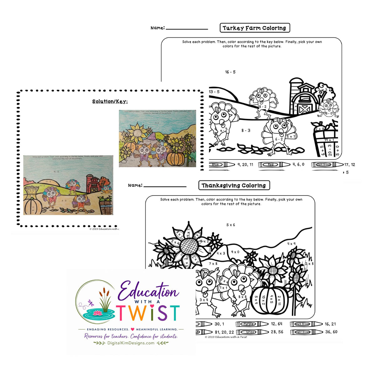Thanksgiving Math Coloring Pages – Addition, Subtraction & Multiplication | Grades 1–6
