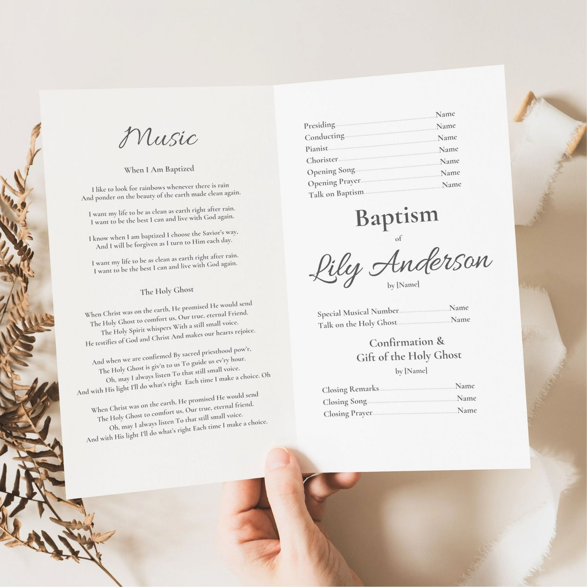 Editable LDS Baptism Program Template for Girls | Canva Printable
