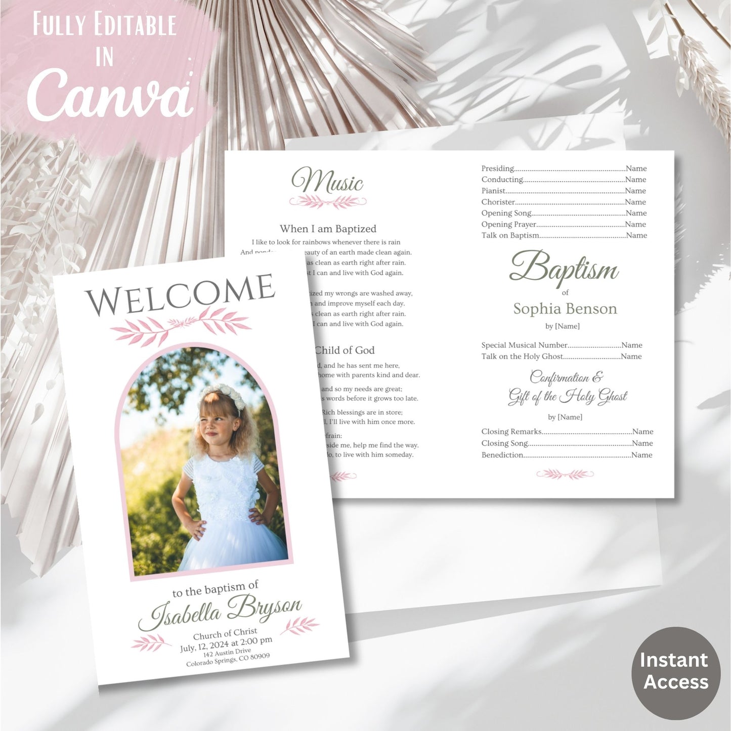 Editable LDS Baptism Program Template for Girls | Pink Floral Canva Template