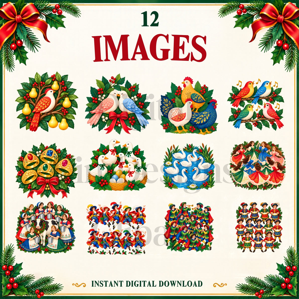 12 Days of Christmas Clipart – 12 Whimsical Transparent PNG Illustrations