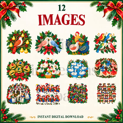 12 Days of Christmas Clipart – 12 Whimsical Transparent PNG Illustrations