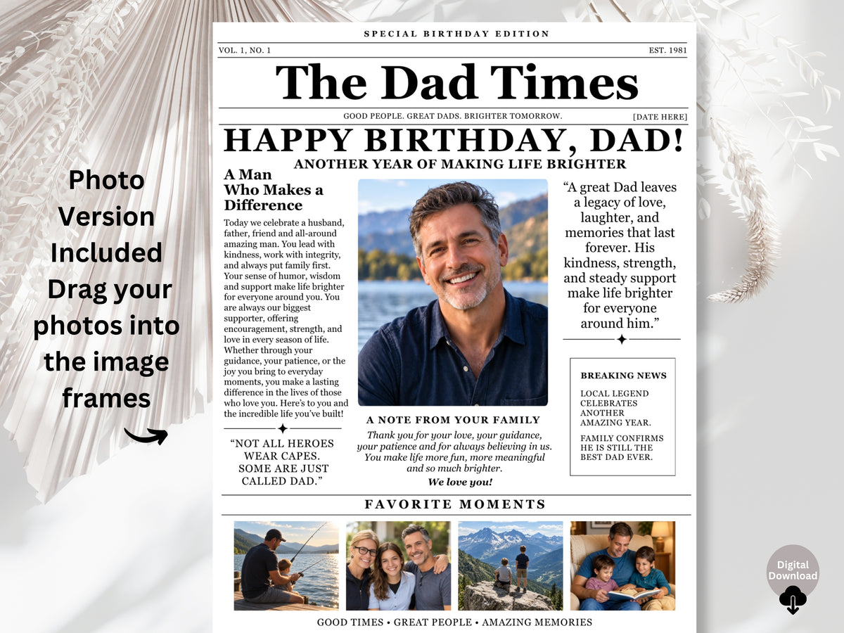 Birthday Newspaper Template for Dad | Editable Canva Gift