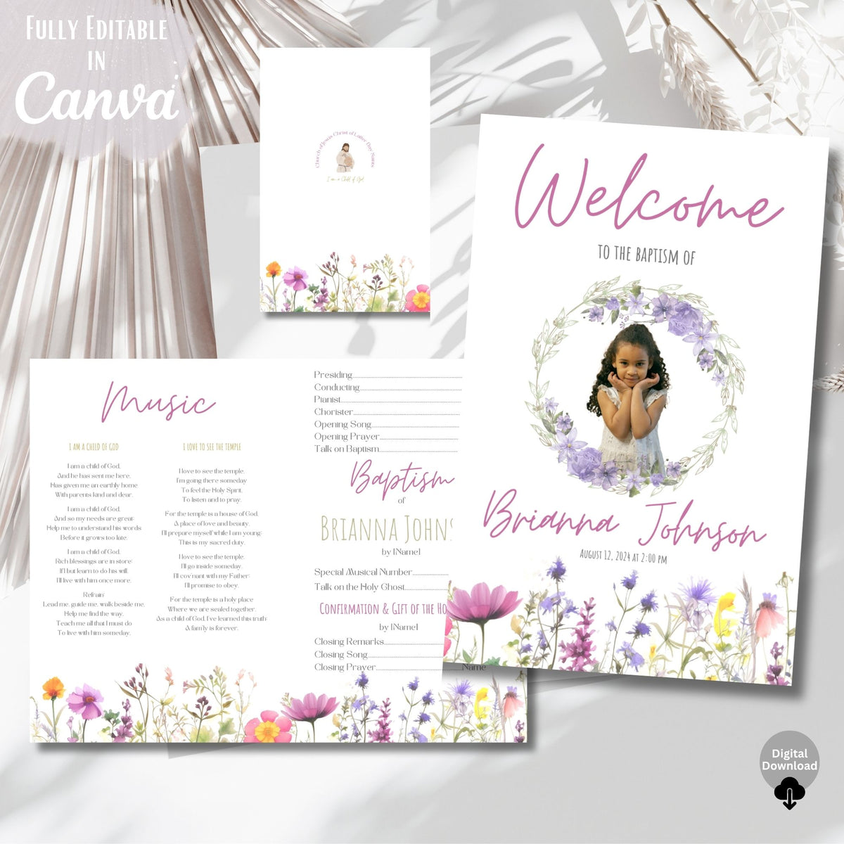 Wildflower LDS Girl Baptism Program | Editable Canva Template
