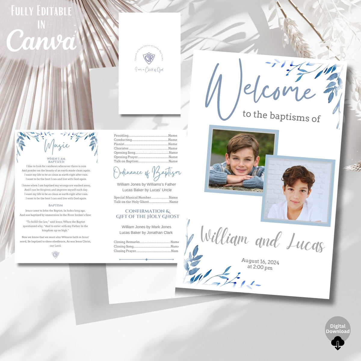 LDS Baptism Program Template for 2 Boys | Editable Canva Joint Baptism Program