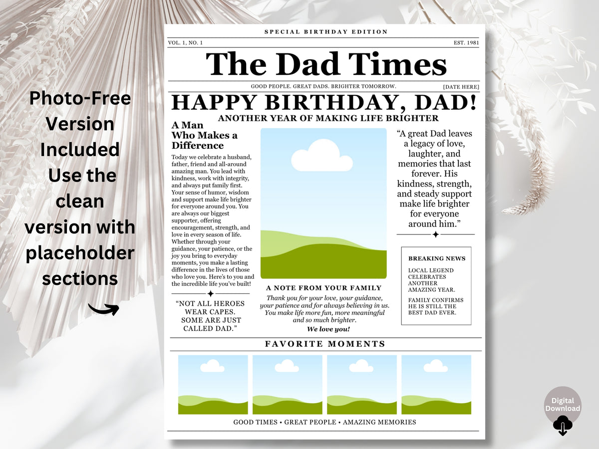 Birthday Newspaper Template for Dad | Editable Canva Gift