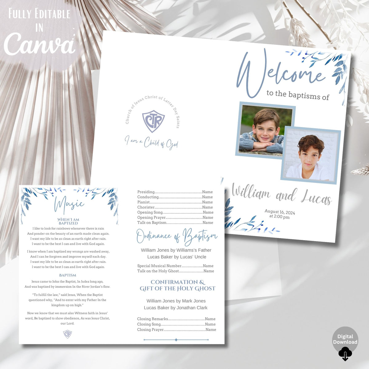 LDS Baptism Program Template for 2 Boys | Editable Canva Joint Baptism Program