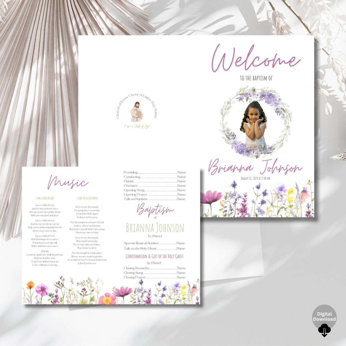 Wildflower LDS Girl Baptism Program | Editable Canva Template