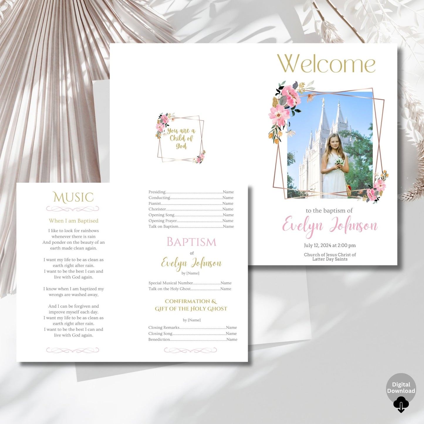 LDS Girl Baptism Program with Photo | Pink Gold Editable Canva Template