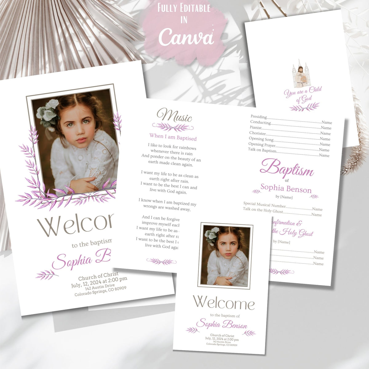Editable LDS Baptism Program Template for Girls | Purple Floral Canva Template