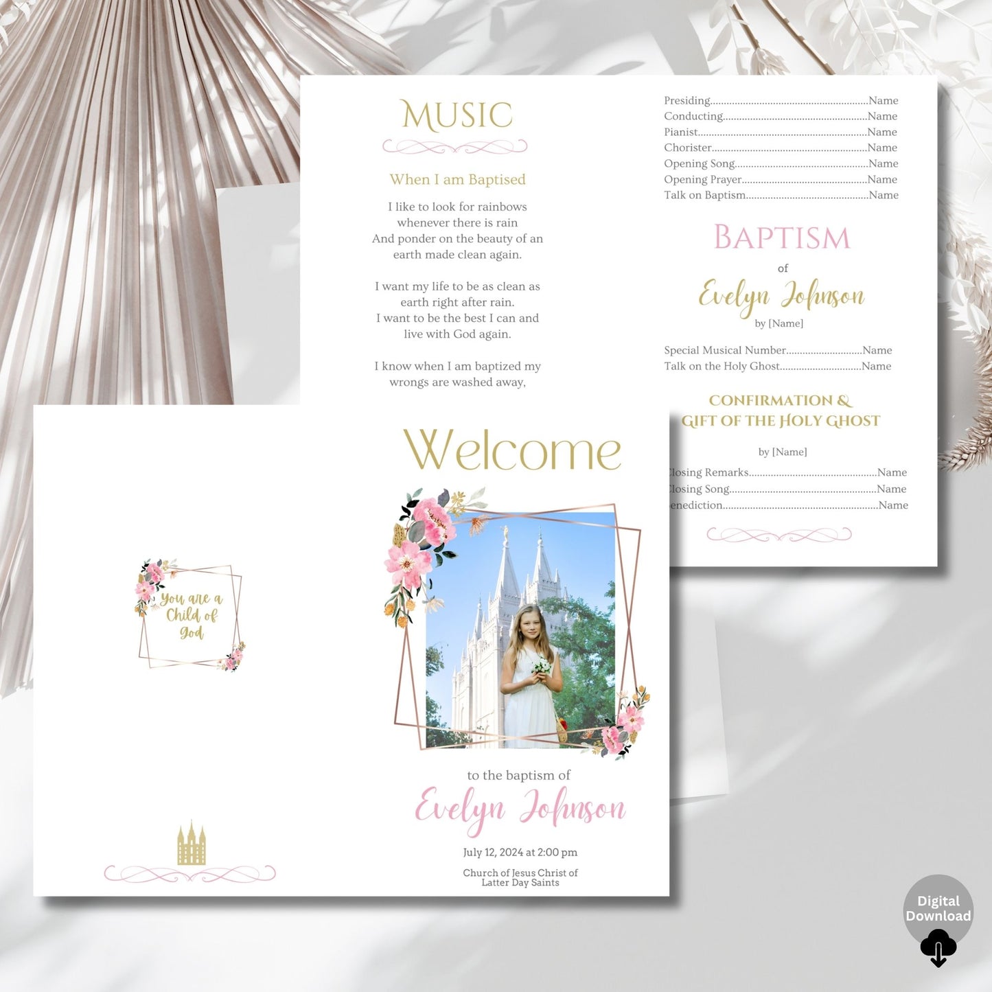 LDS Girl Baptism Program with Photo | Pink Gold Editable Canva Template