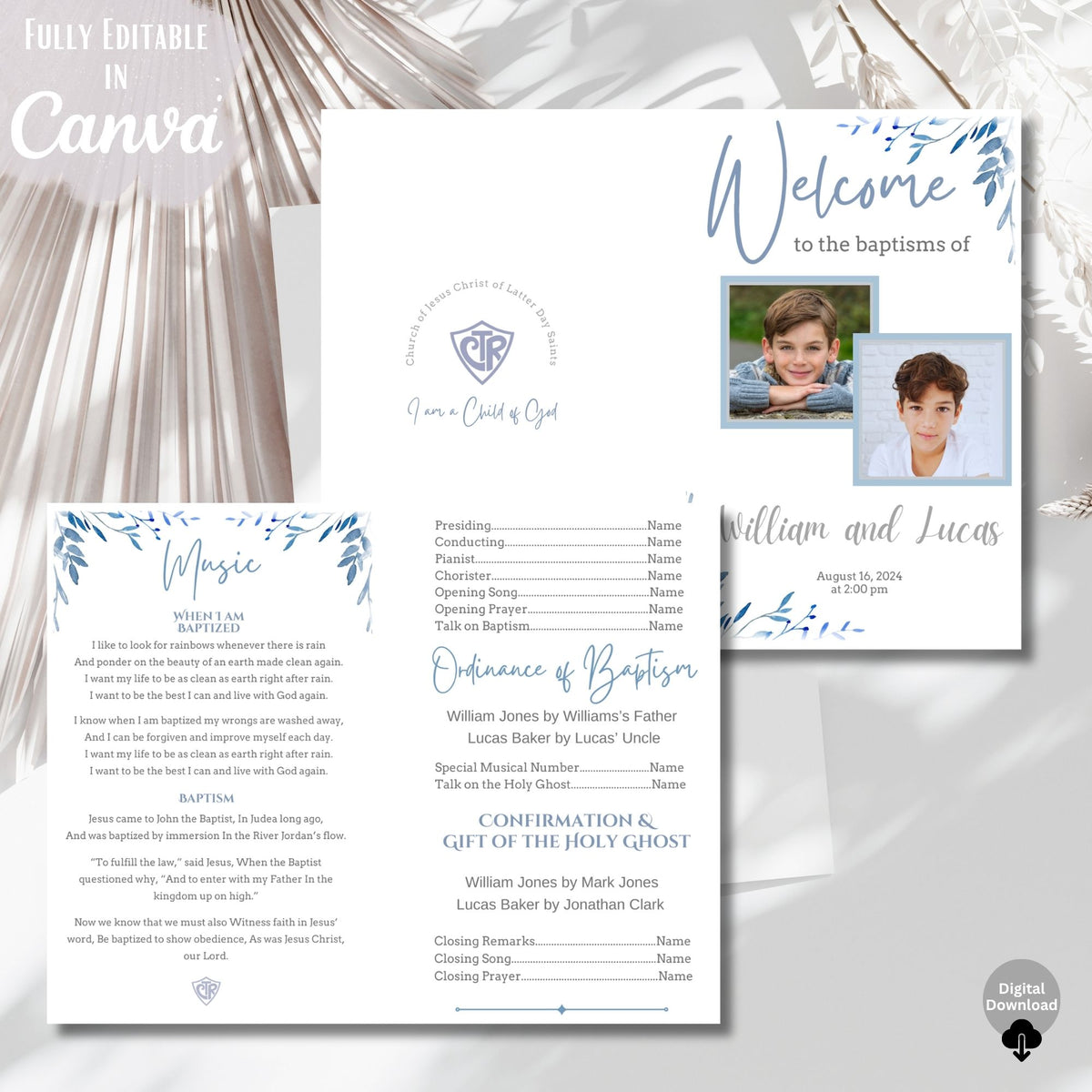 LDS Baptism Program Template for 2 Boys | Editable Canva Joint Baptism Program