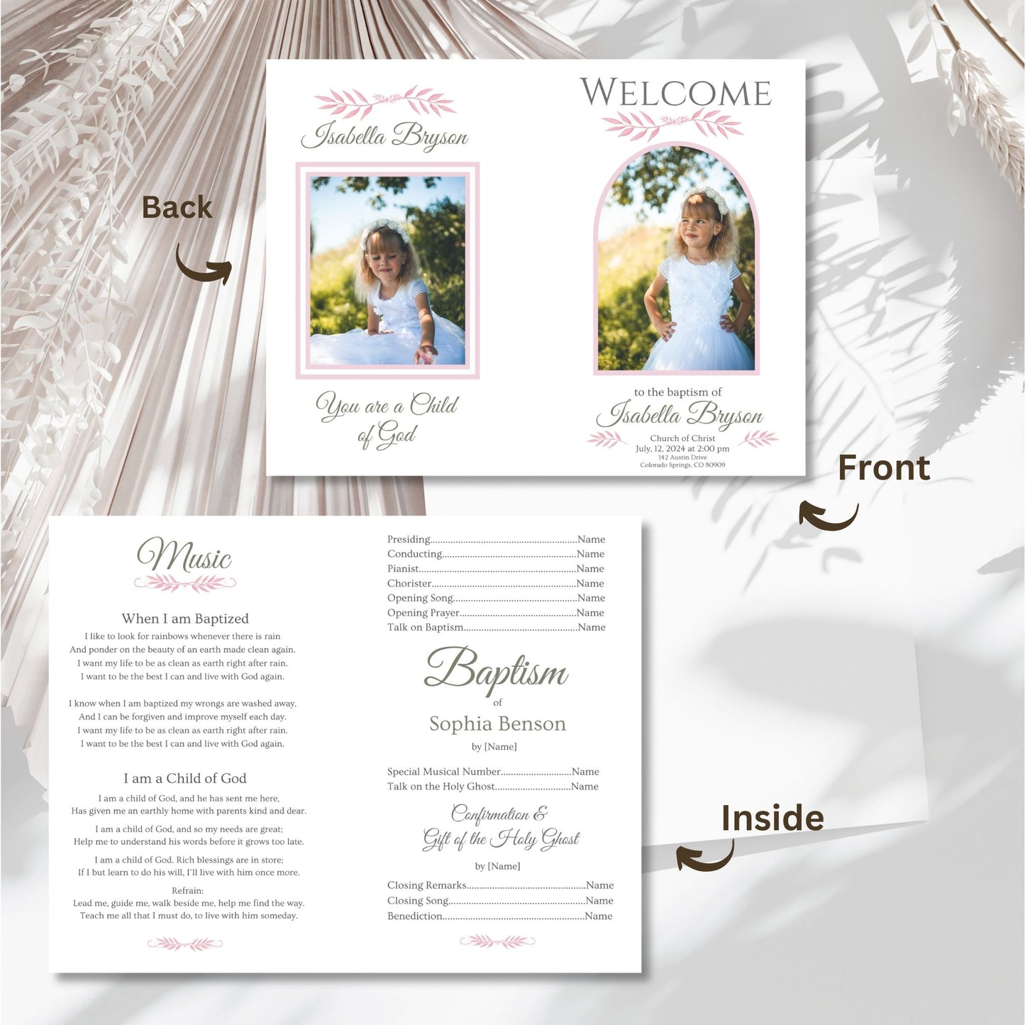 Editable LDS Baptism Program Template for Girls | Pink Floral Canva Template