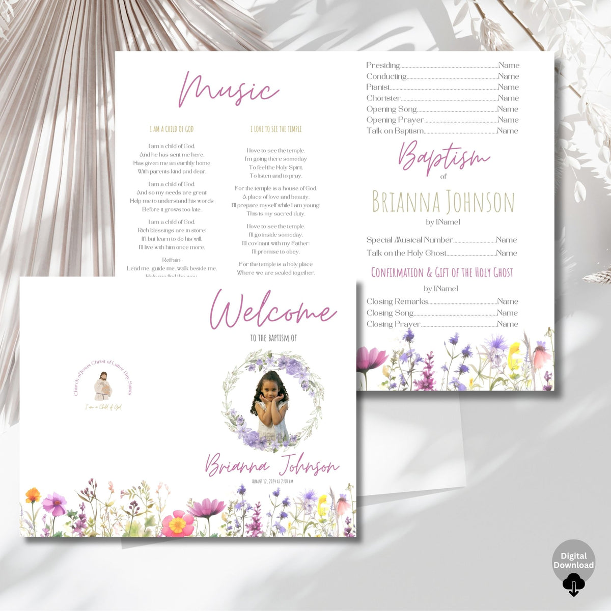 Wildflower LDS Girl Baptism Program | Editable Canva Template
