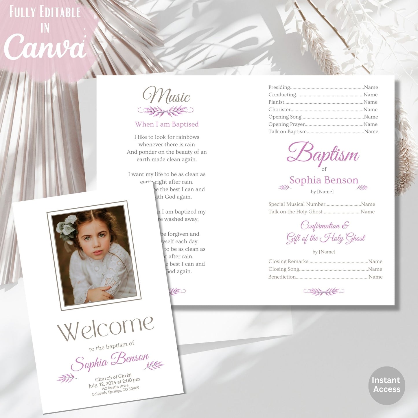 Editable LDS Baptism Program Template for Girls | Purple Floral Canva Template