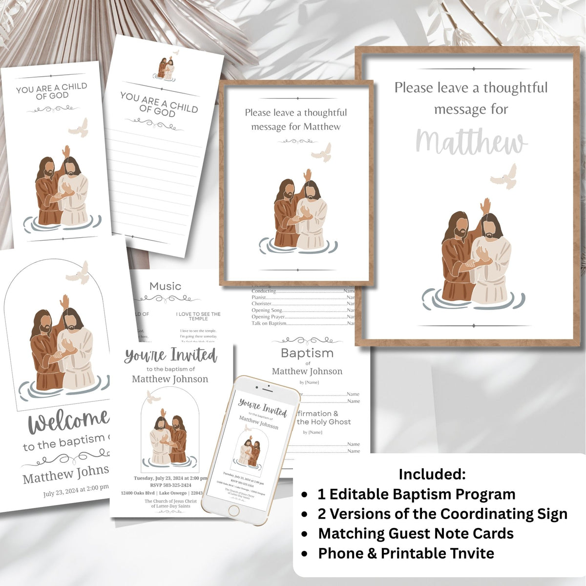 LDS Baptism Program Kit | Invitation, Program, Sign & Guest Note Cards
